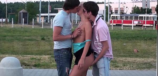  A blond teen girl public fucking with 2 young guys in public with oral deep throat blowjob and vaginal sexual threesome intercourse with vaginal pussy fuck while random strangers see them during this exciting adult adventure recorded on a video